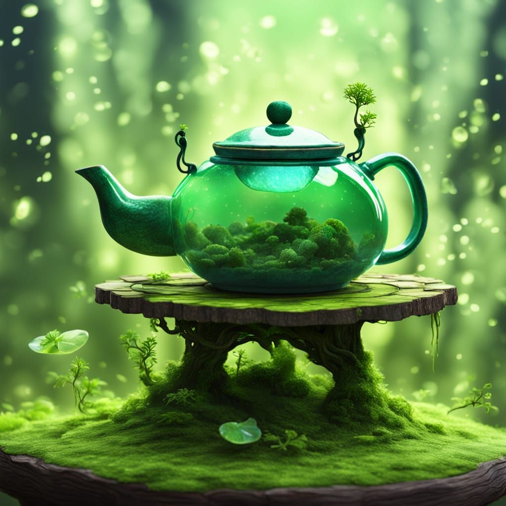 Opalescent Green Teapot on Mossy Table
