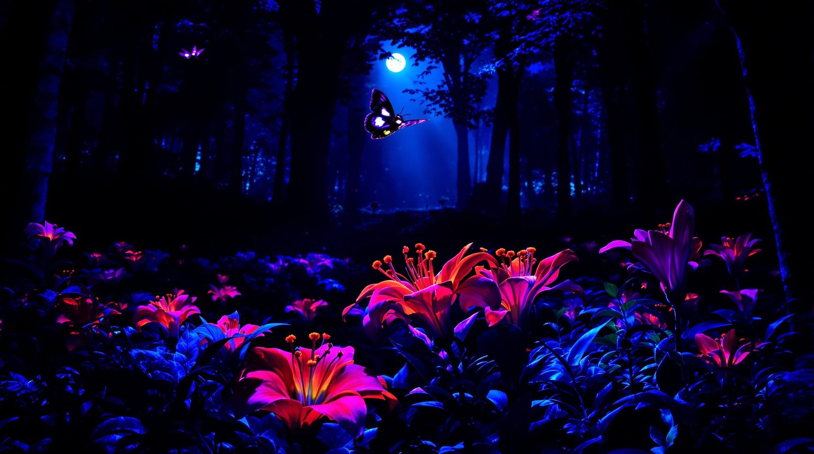 Glowing Lunar Moth Over Easter Lily in Blacklight Poster Sty...