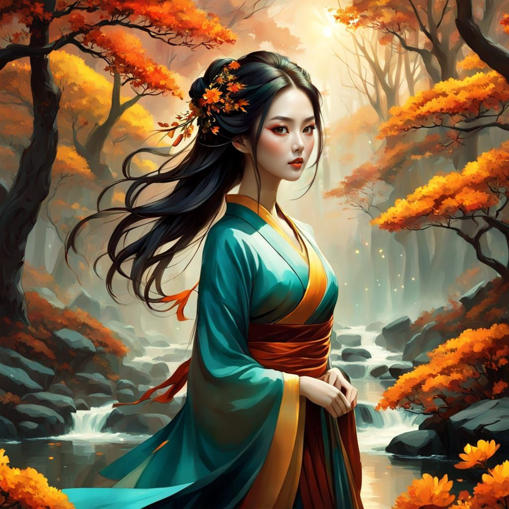 Elegant Woman in Kimono in Mystical Autumn Forest