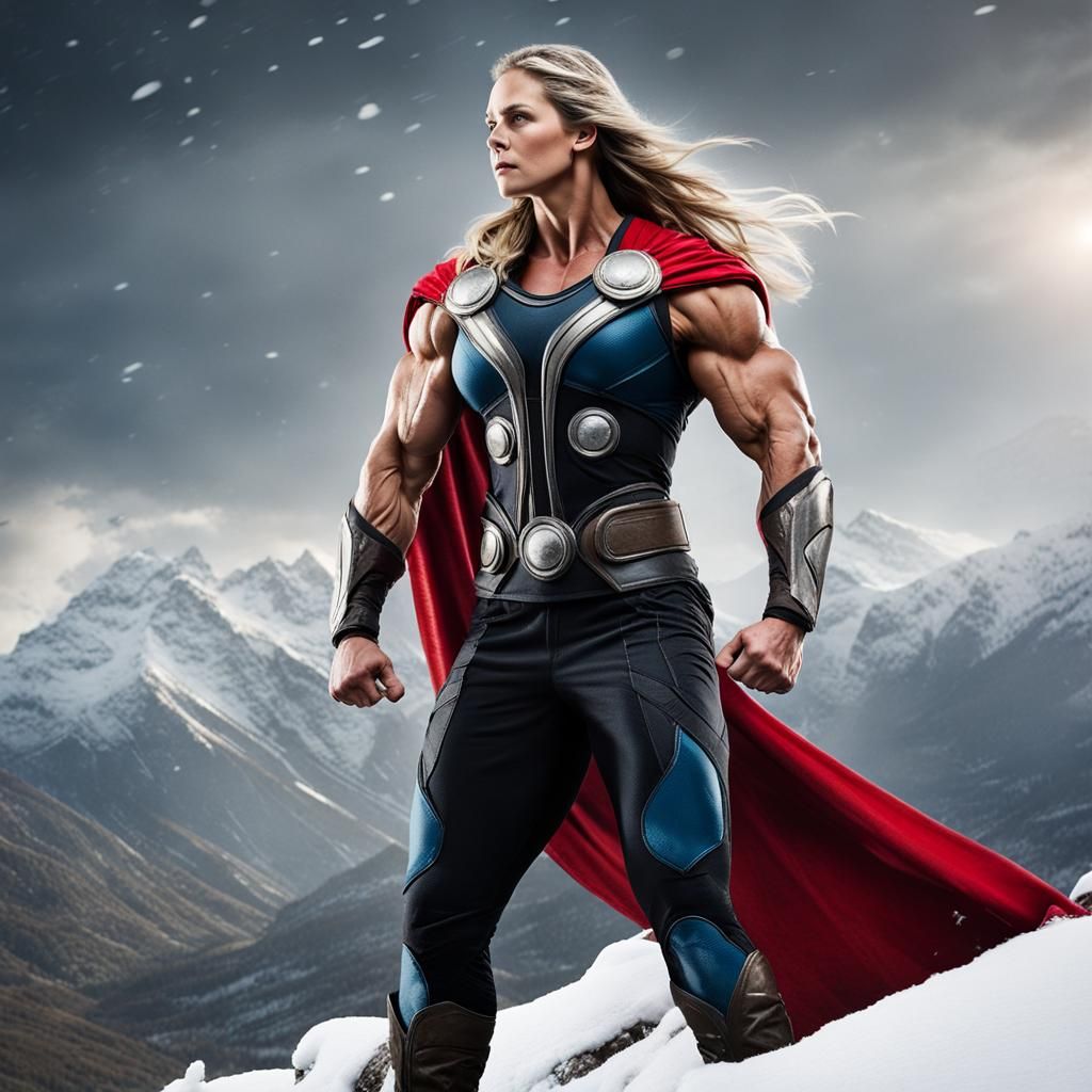 Female Thor Bodybuilder on Snowy Cliff