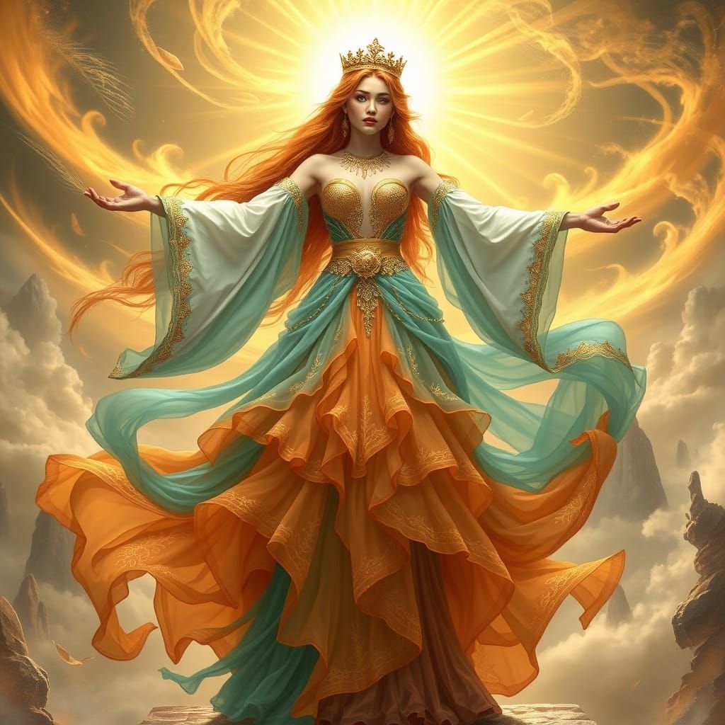 Celestial Goddess in Turquoise and Orange Dress