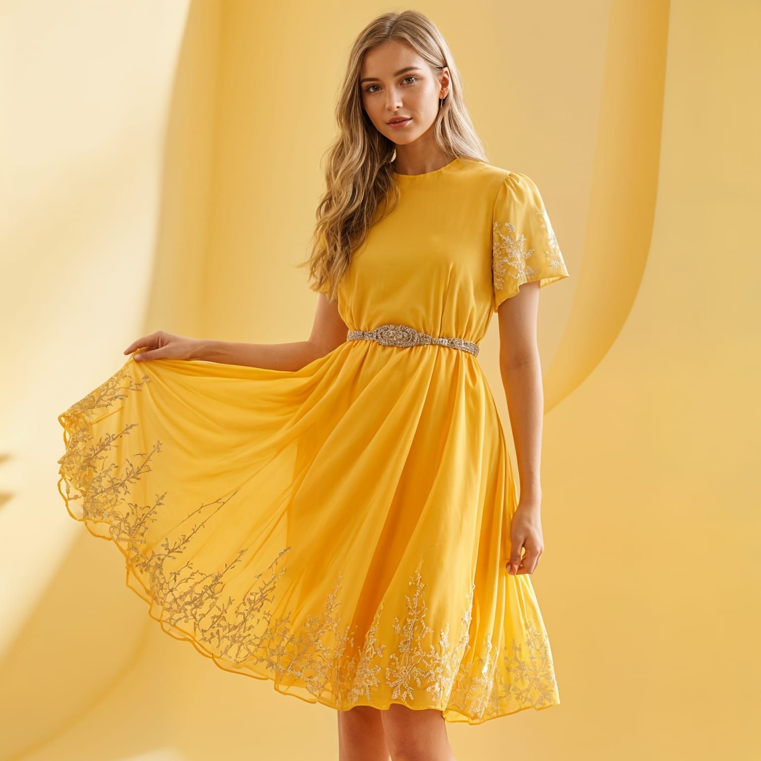 Woman in Yellow Dress with Silver Embroidery