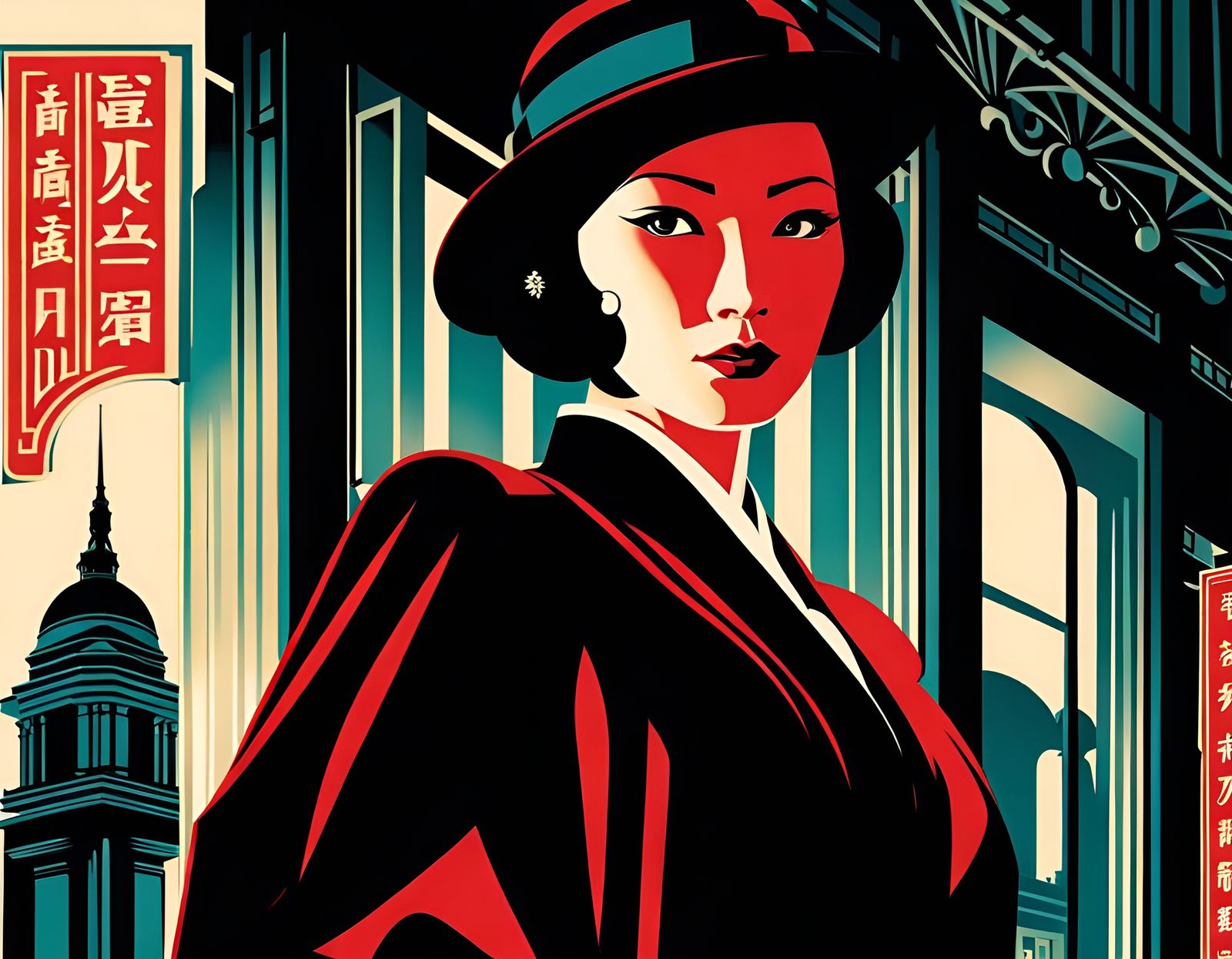 Asian Woman Spy in Paris, Art Deco Noir