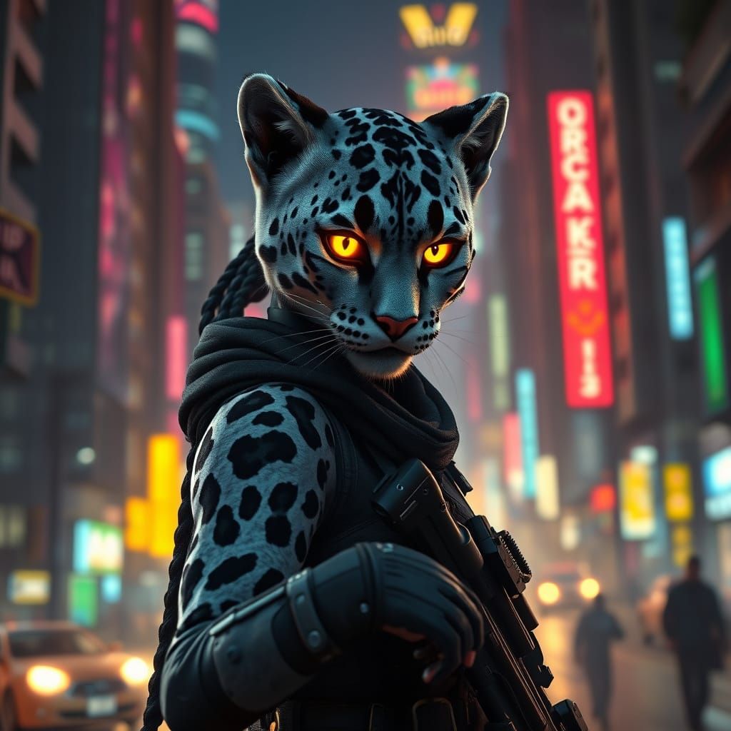 Snow Leopard Vampire Soldier Patrolling Rio at Night