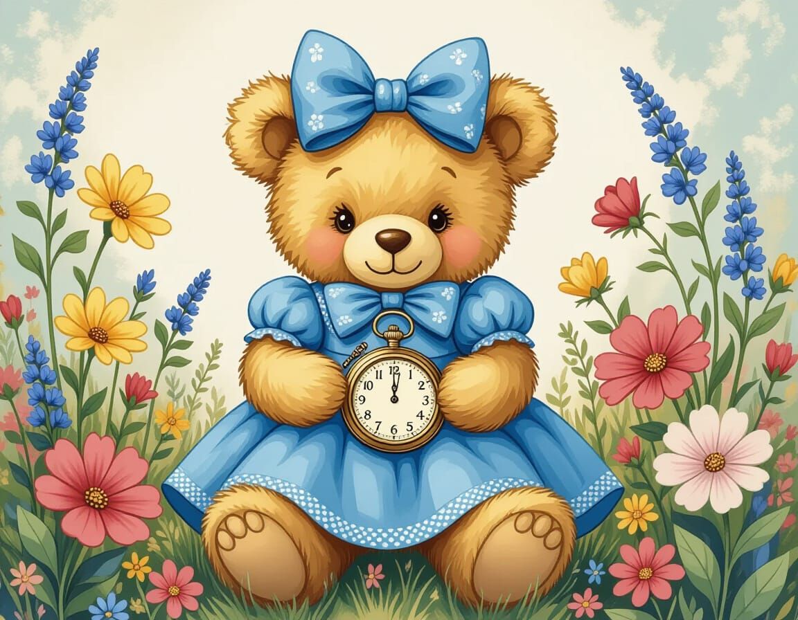 Wonderland Teddy Bear in Whimsical Watercolor Style