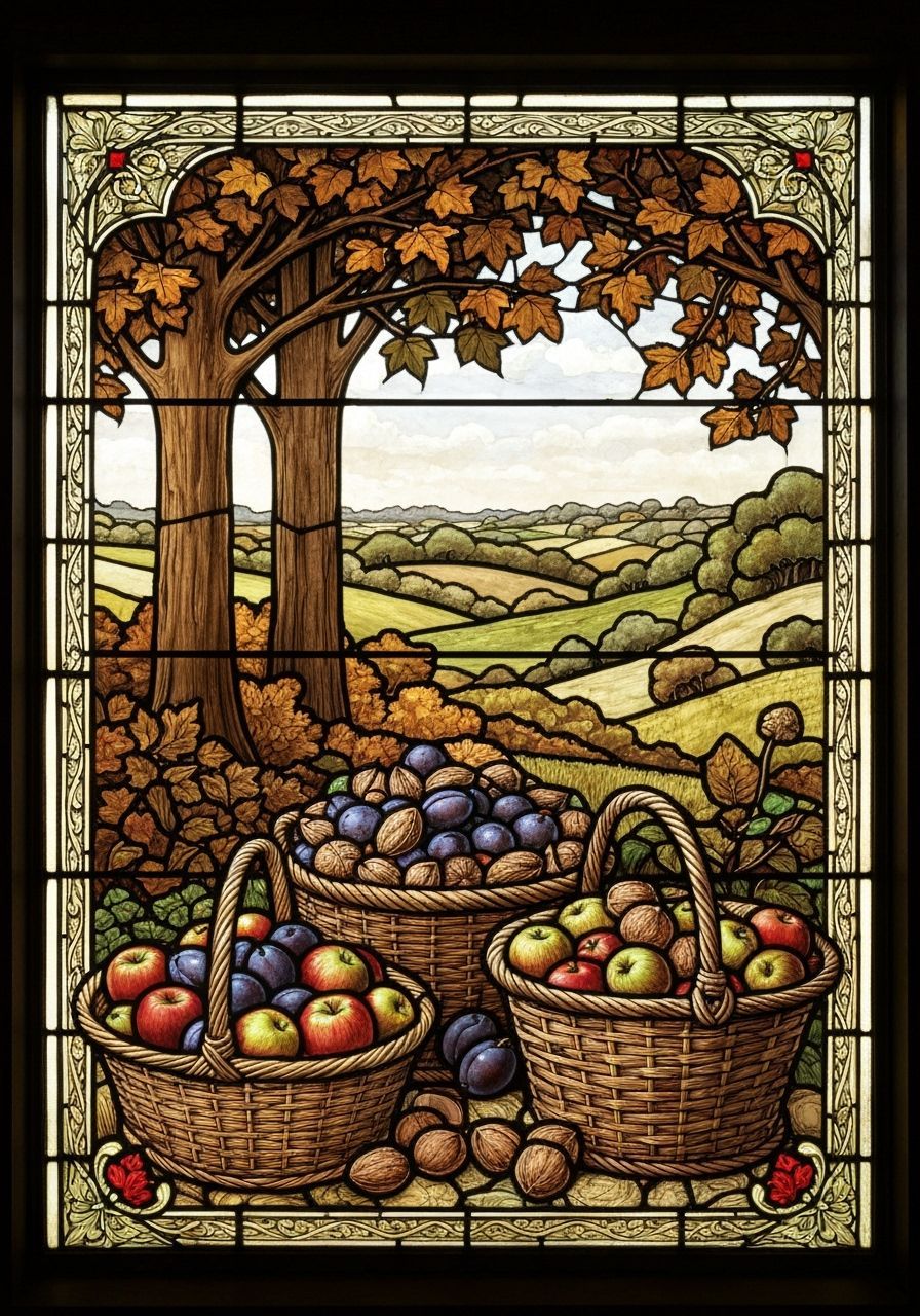 Autumn Harvest Stained Glass Window in Arts and Crafts Style