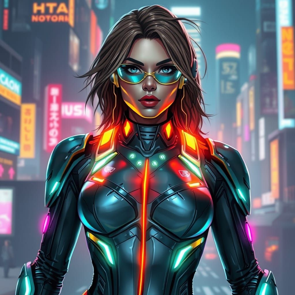 Cyberpunk Superwoman in High-Tech Suit Stands Confidently in...