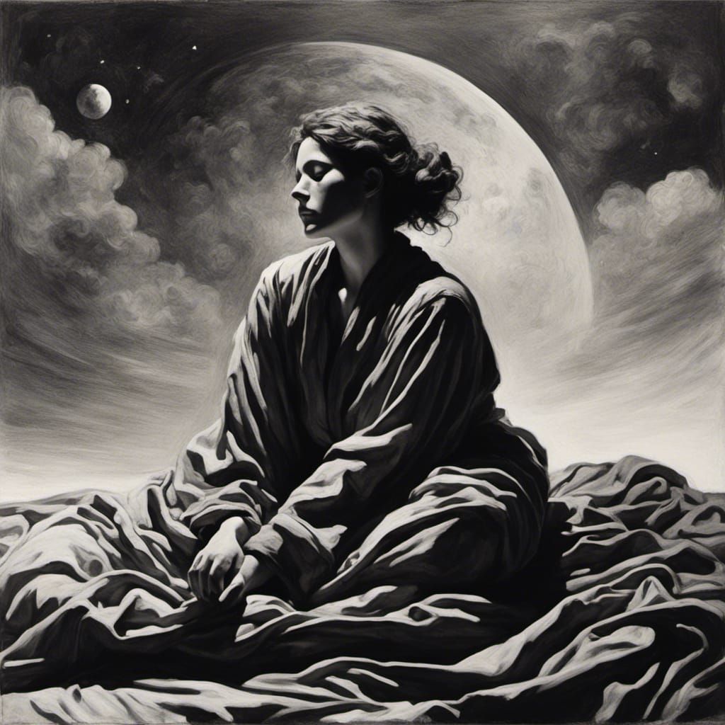 Woman Sleeping in Cosmic Scene, Clair-Obscur Style