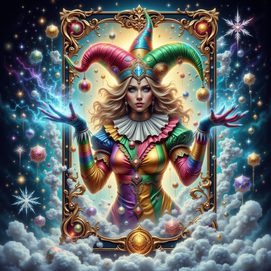 Harlequin Jester Emerges from Winter Tarot Card