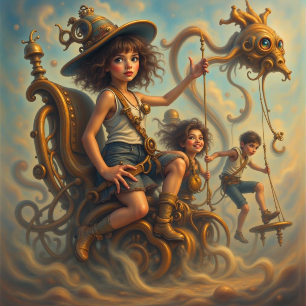 Children Play on Steampunk Playground in Ethereal Fog