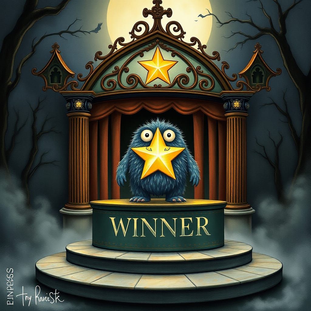 Cute Monster on Gothic Podium in Storybook Style