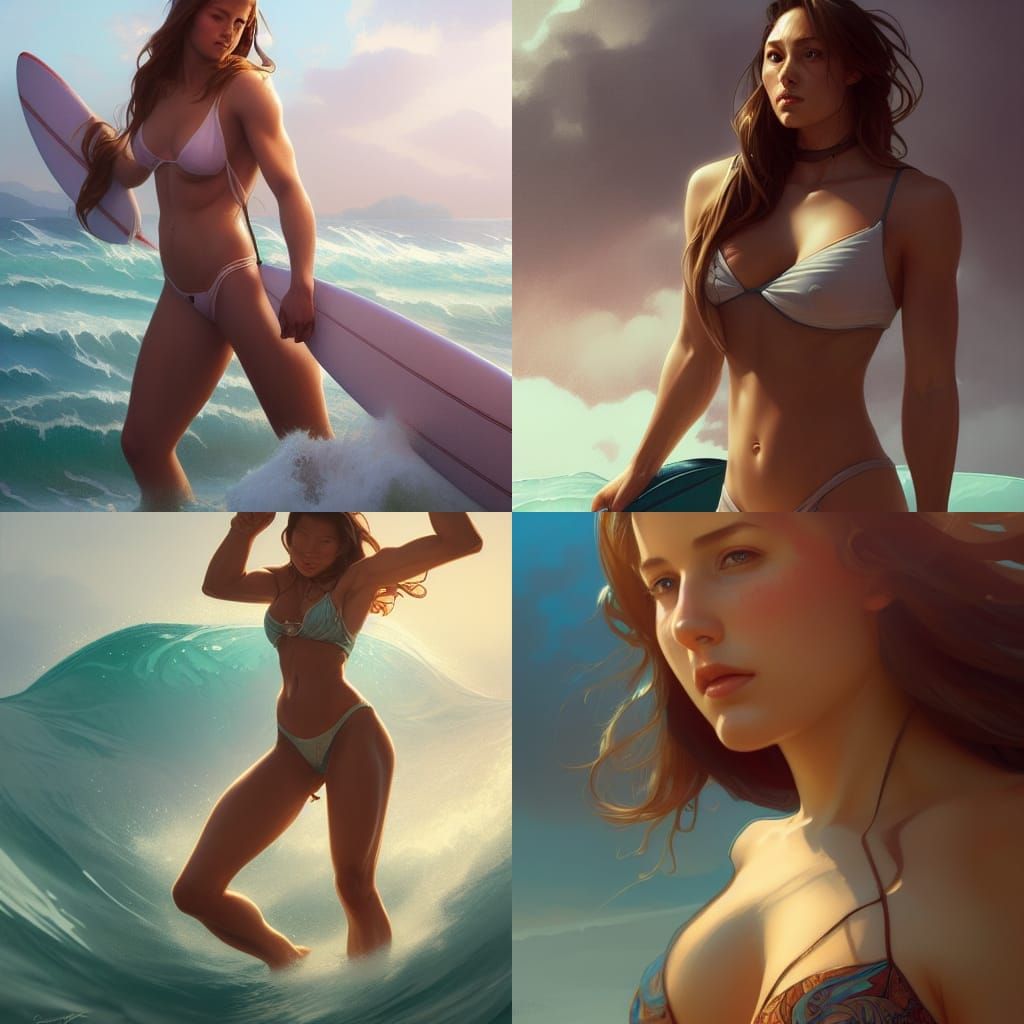 Surfing Woman Portrait in Detailed Fantasy Art Style
