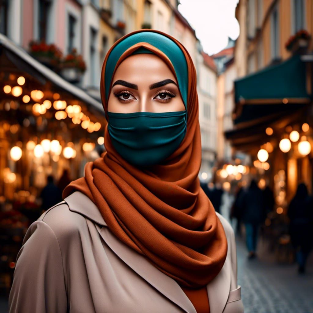 Playful Hijabi Woman with Mask in Cozy City