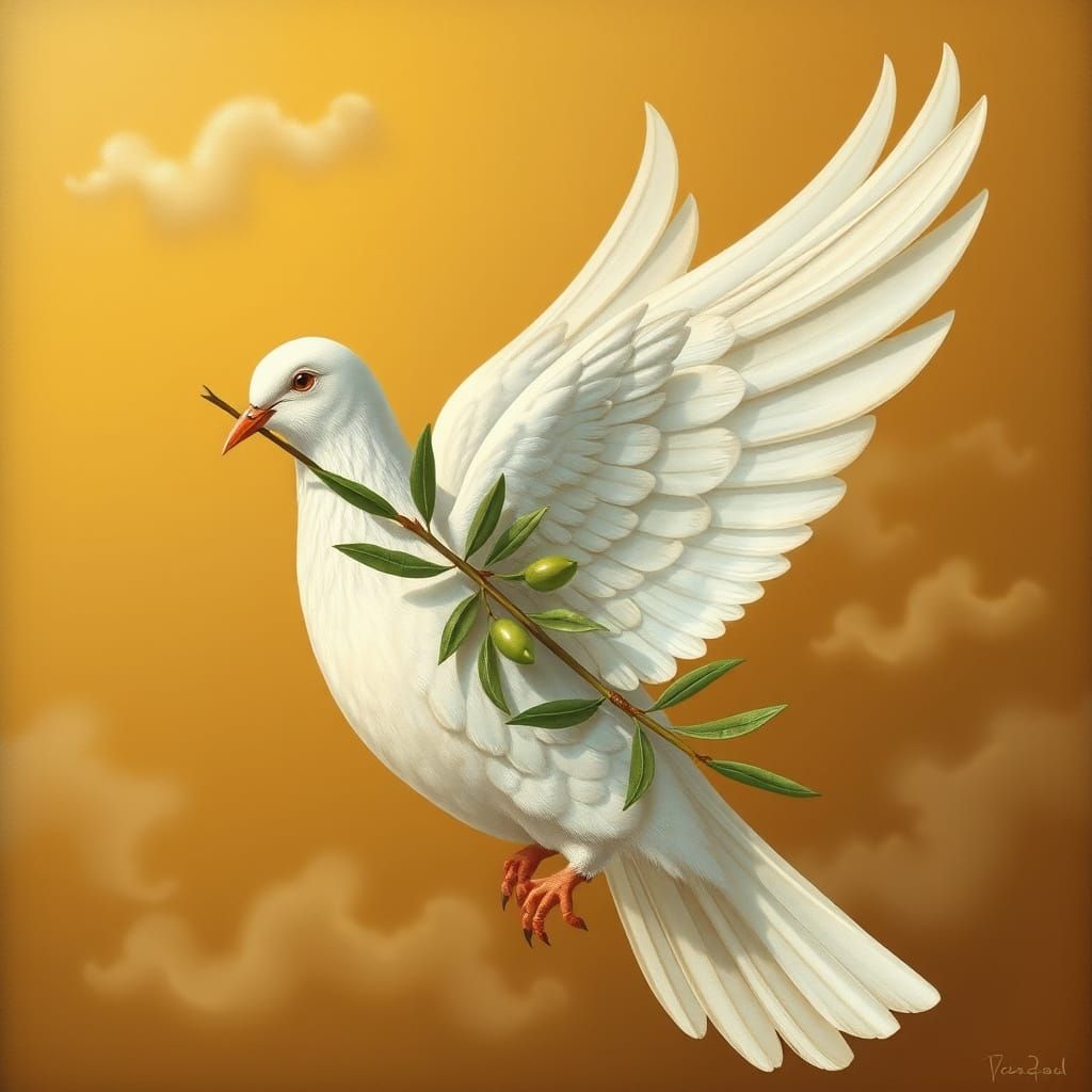 Serenely Majestic White Dove Carries Olive Branch in Golden ...