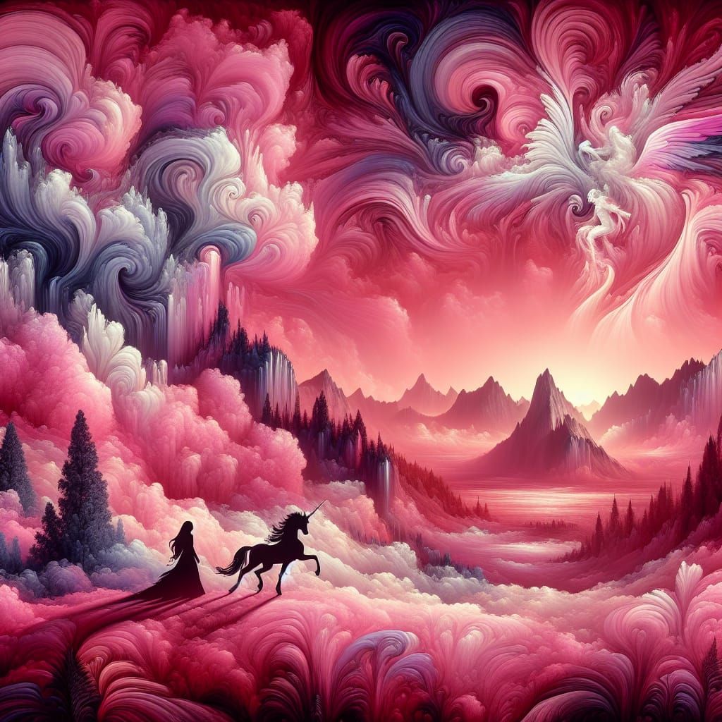 Epic Pink Fantasy Landscape with Unicorn Silhouette