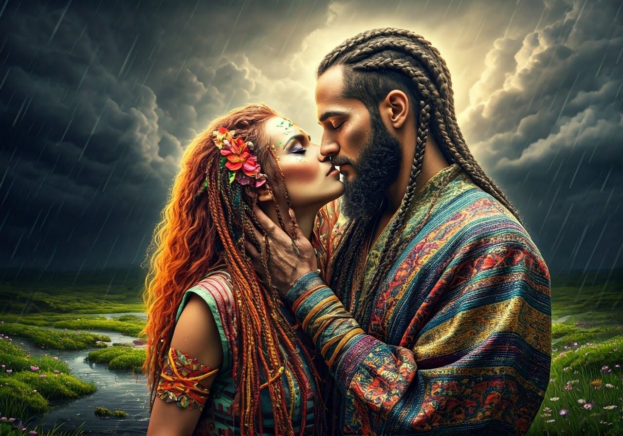 Woman Kisses Man in Enchanted Forest Meadow