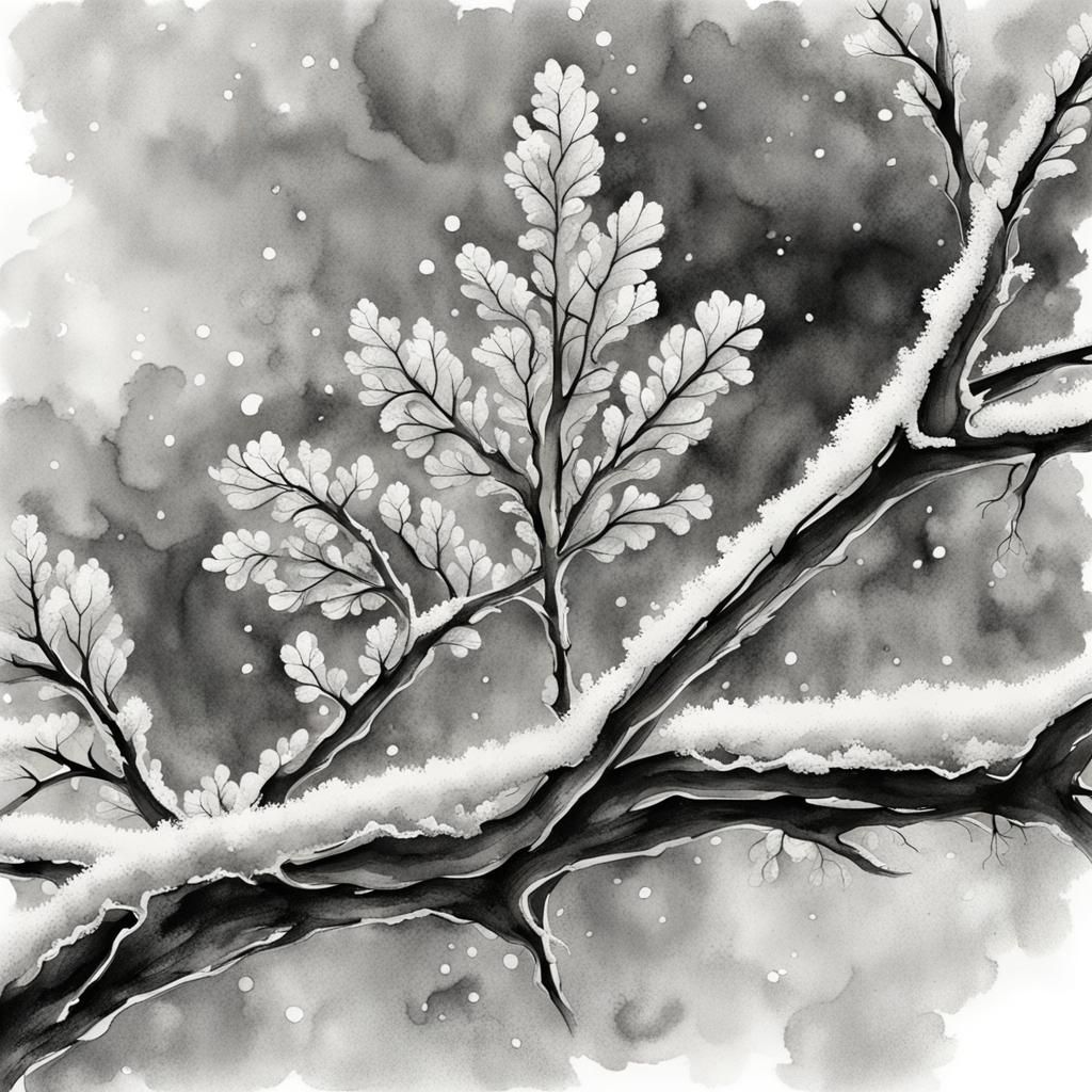 Frosty Tree Branch in Black and White Ink