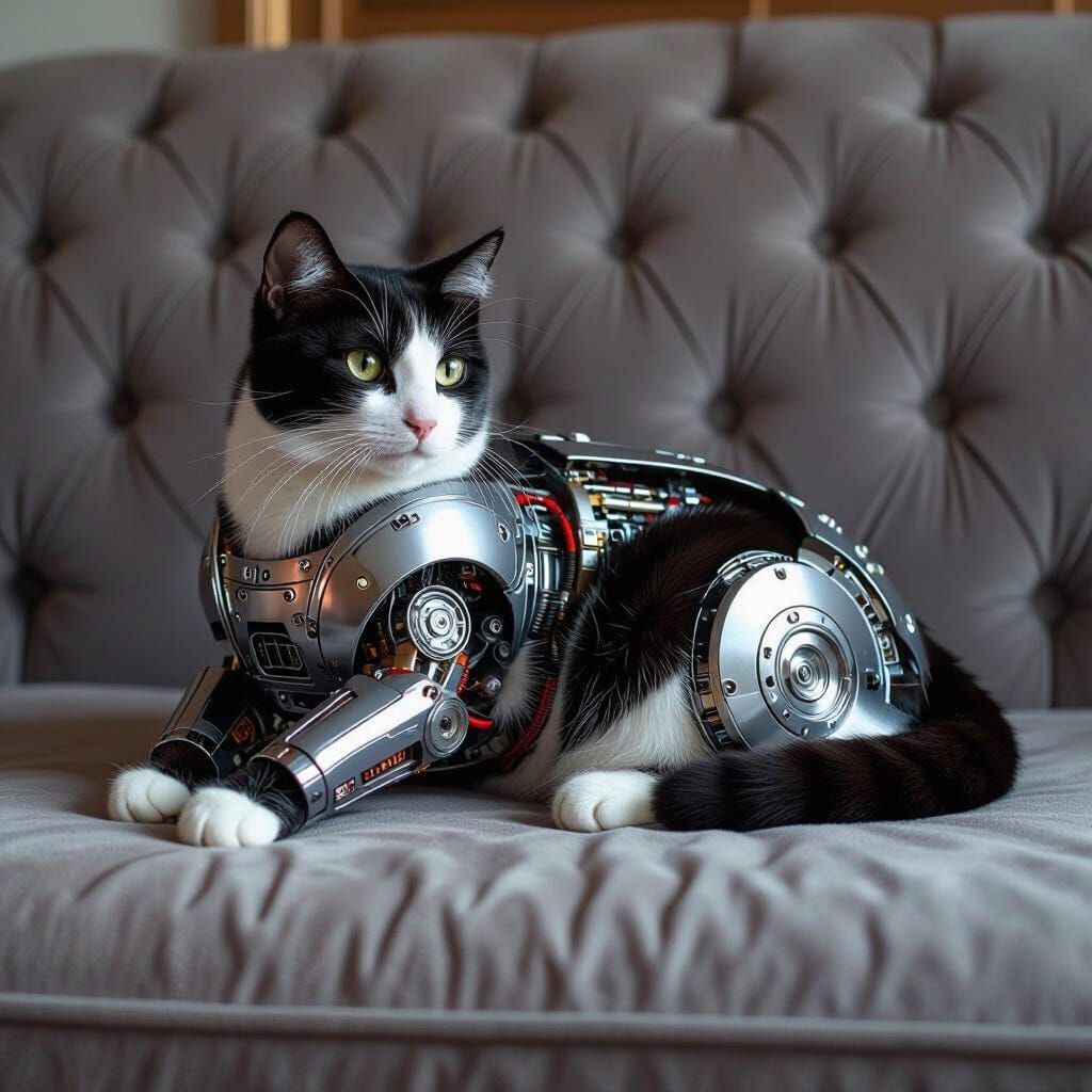 Engine Cat Loafing on Couch: Futuristic Digital Art