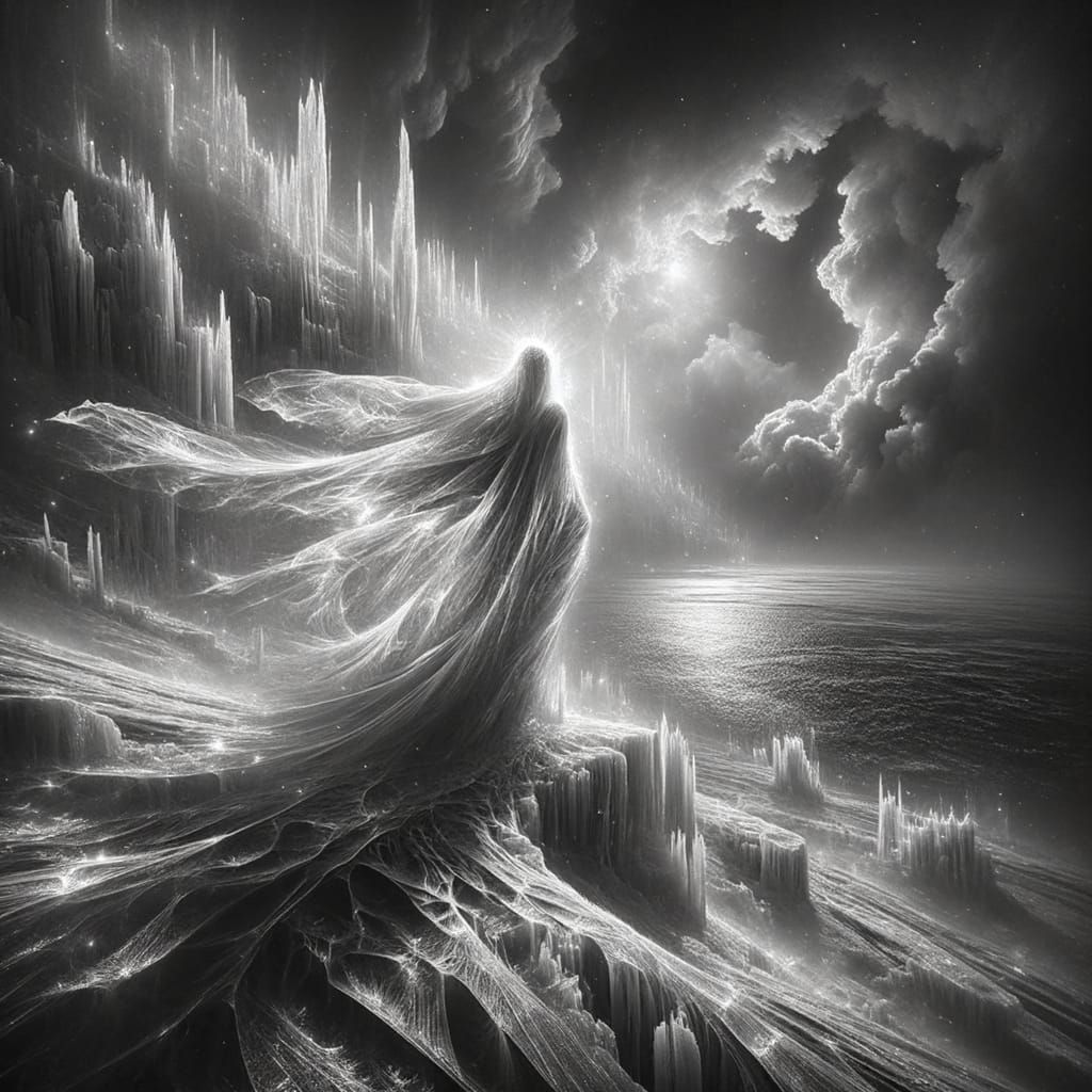 Ghostly Figure in Frozen Wilderness: Evocative Black and Whi...