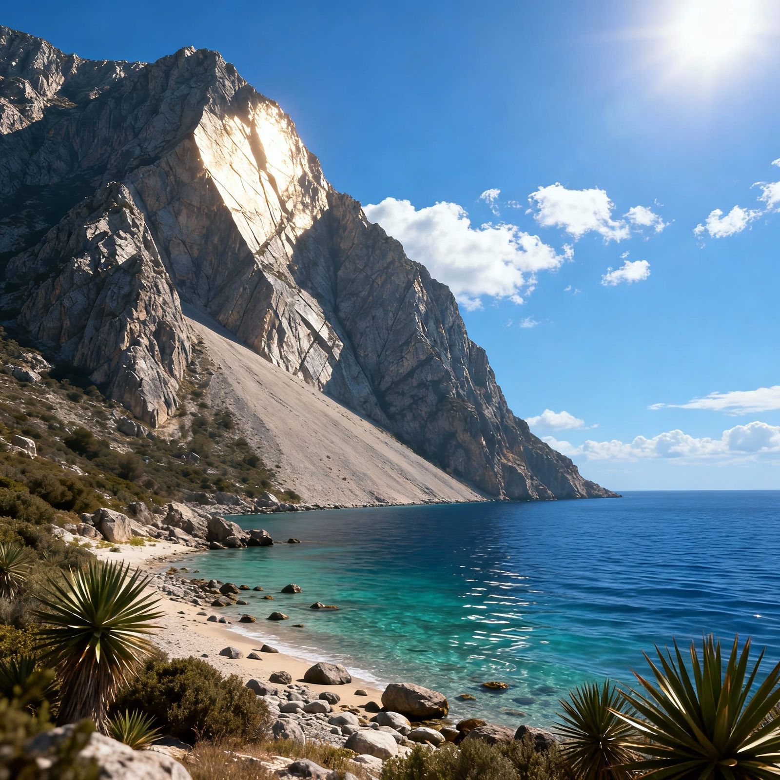 Sunlit Mountain Meets Turquoise Sea in Realistic Landscape