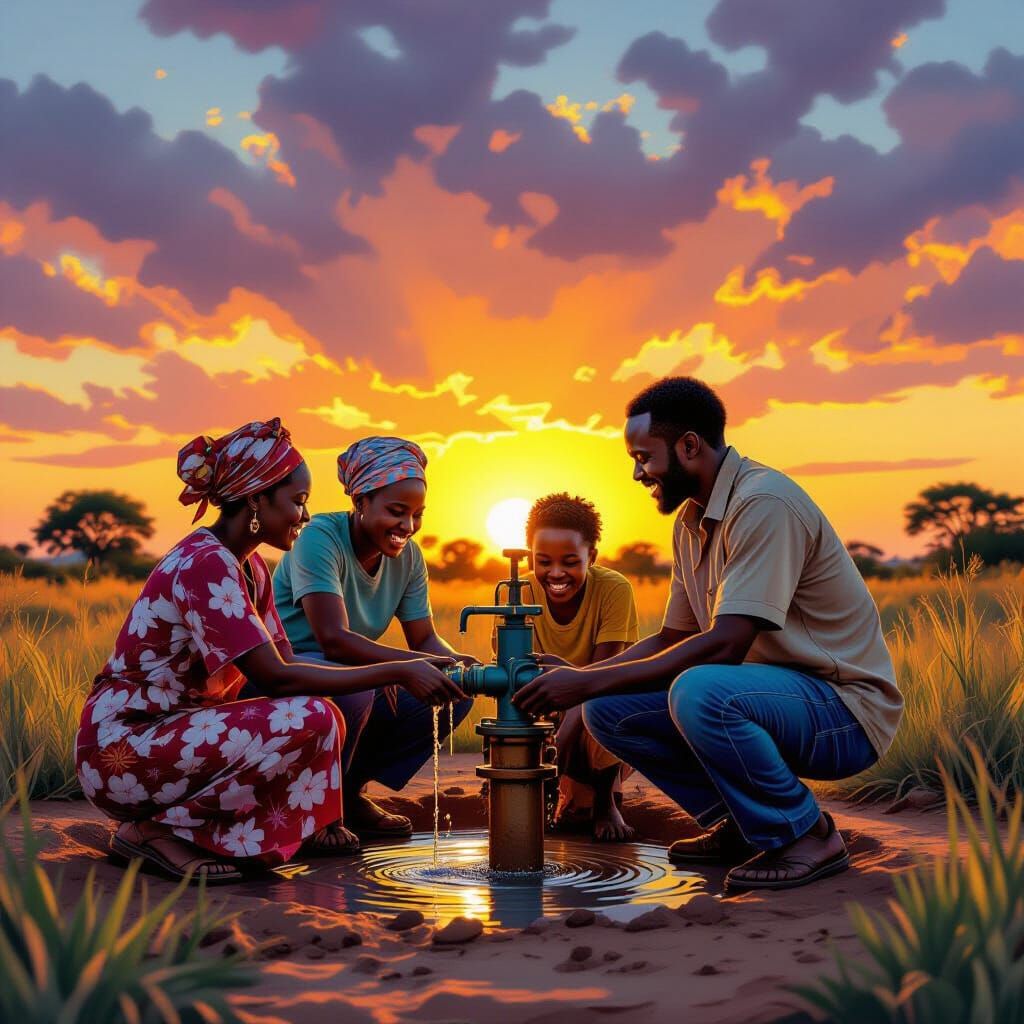 African Community Installs Water Pump in Hopeful Sunset Scen...