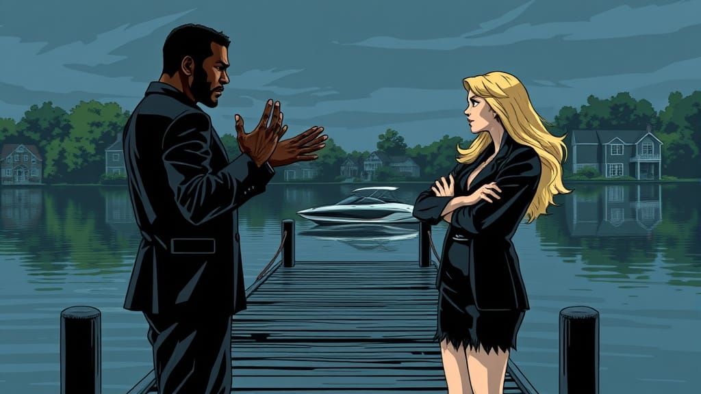 Noir Graphic Novel Illustration of Tense Lake Debate