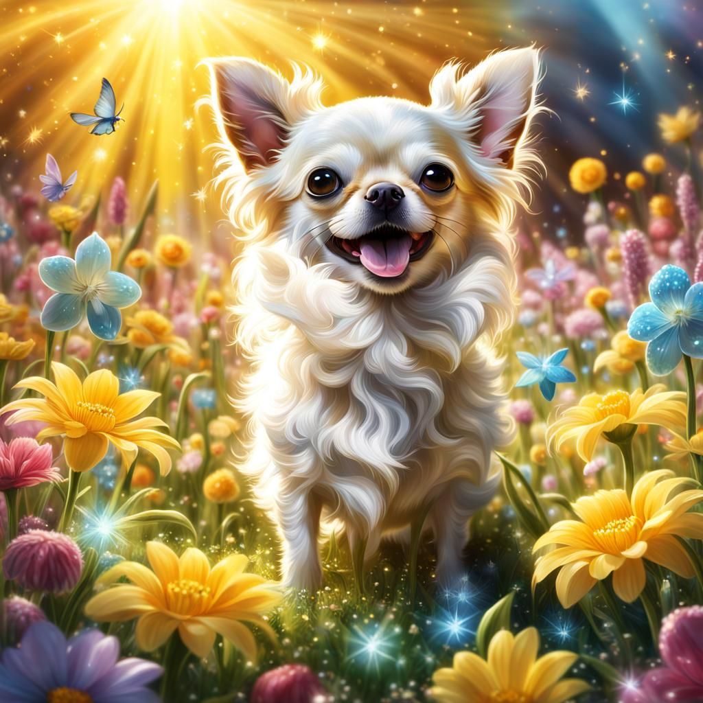 Happy Chick and Chihuahua in Spring Flowers