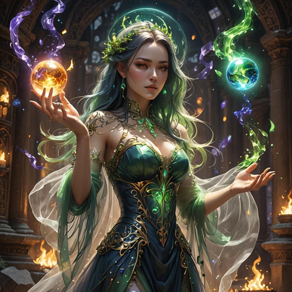 Young Mage Conjuring Magic Orbs in Ancient Temple