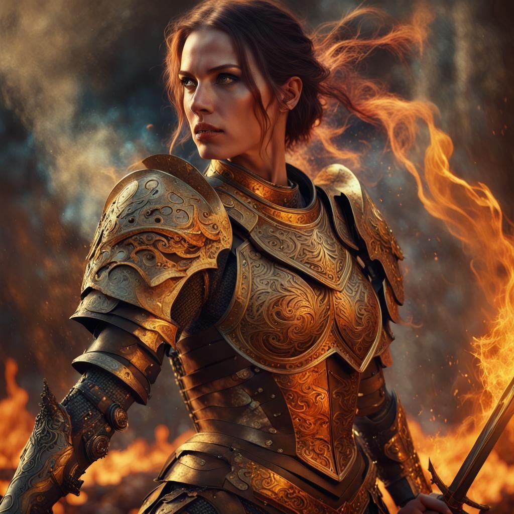 Armored Woman Warrior in Fiery Digital Painting