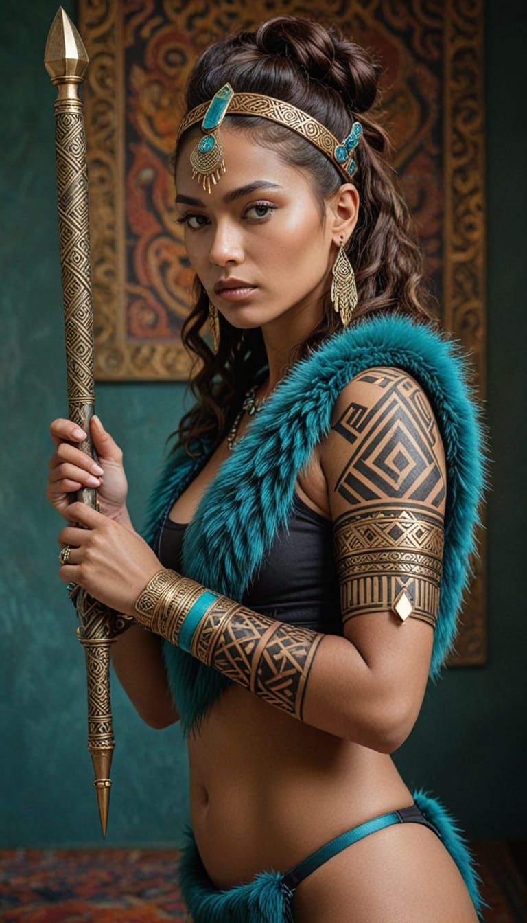 Elegant Cybernetic Tribal Warrior in Luxurious Aztec Decor