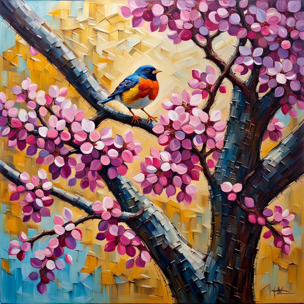 Robin in Redbud Tree Impasto Oil Painting