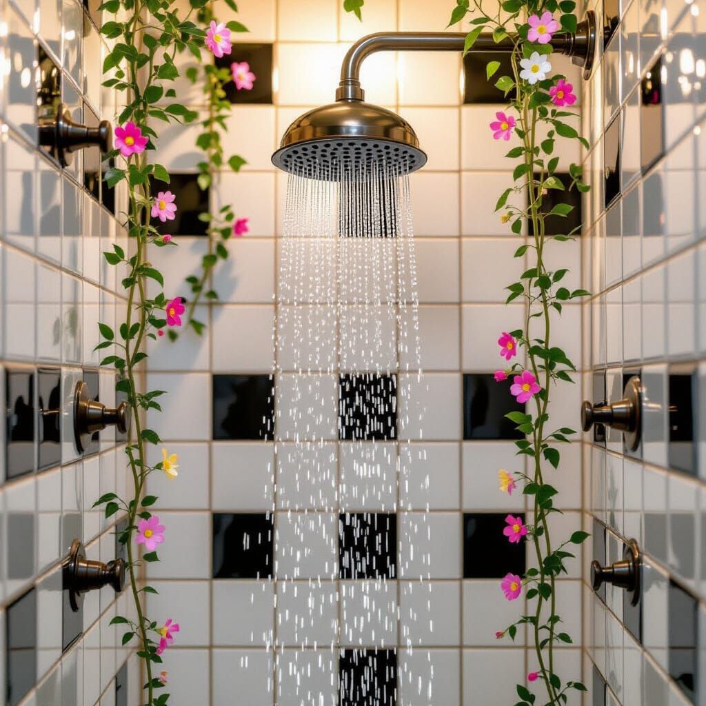 Vintage Shower with Vines and Art Deco Fixtures
