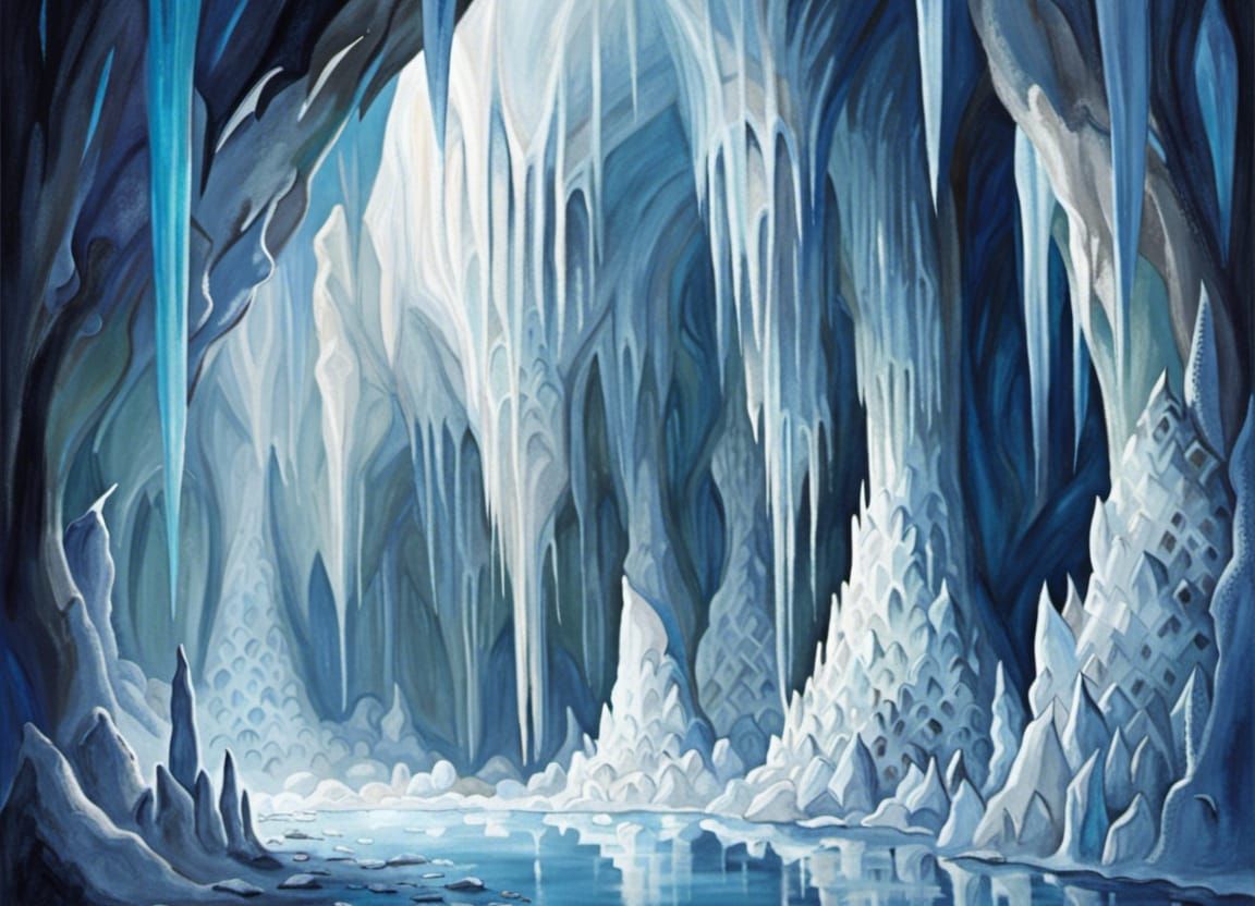 Icy Cavern with Stalactites and Stalagmites