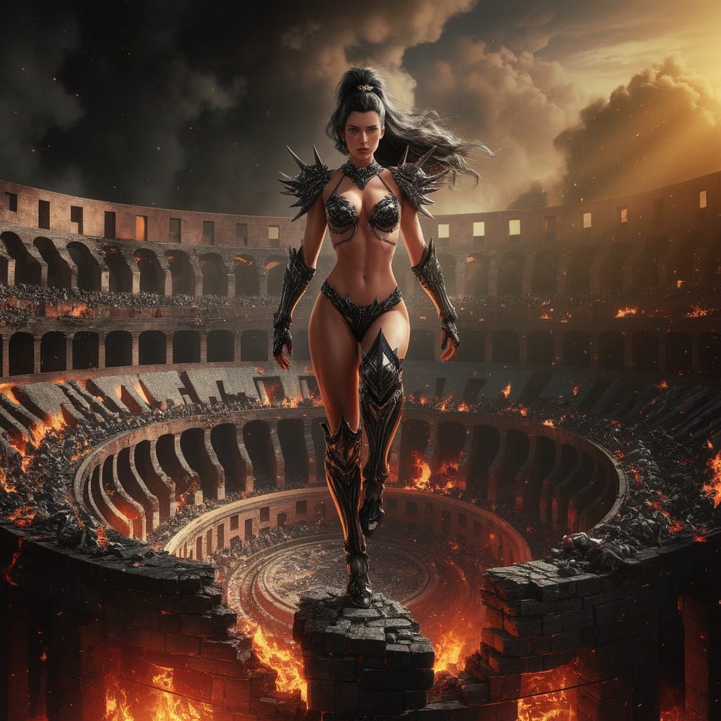 Female Warrior on Burning Colosseum in Concept Art Style
