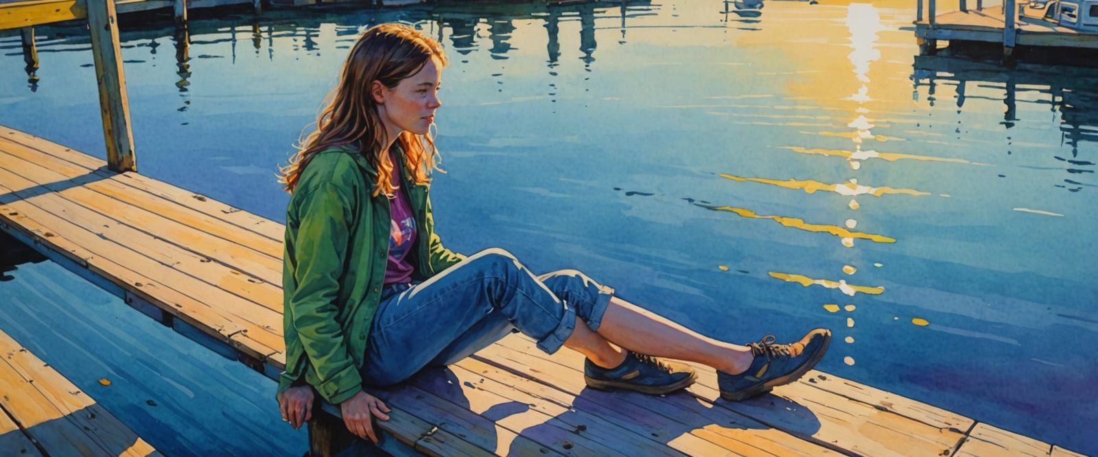 Girl on Pier in Sunlight, Comic Watercolor Style