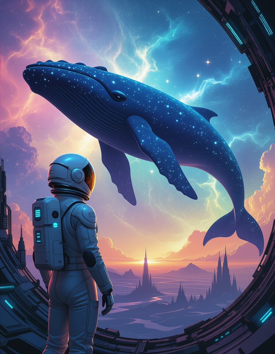 Astronaut and Sentient Space Whale in Nebula