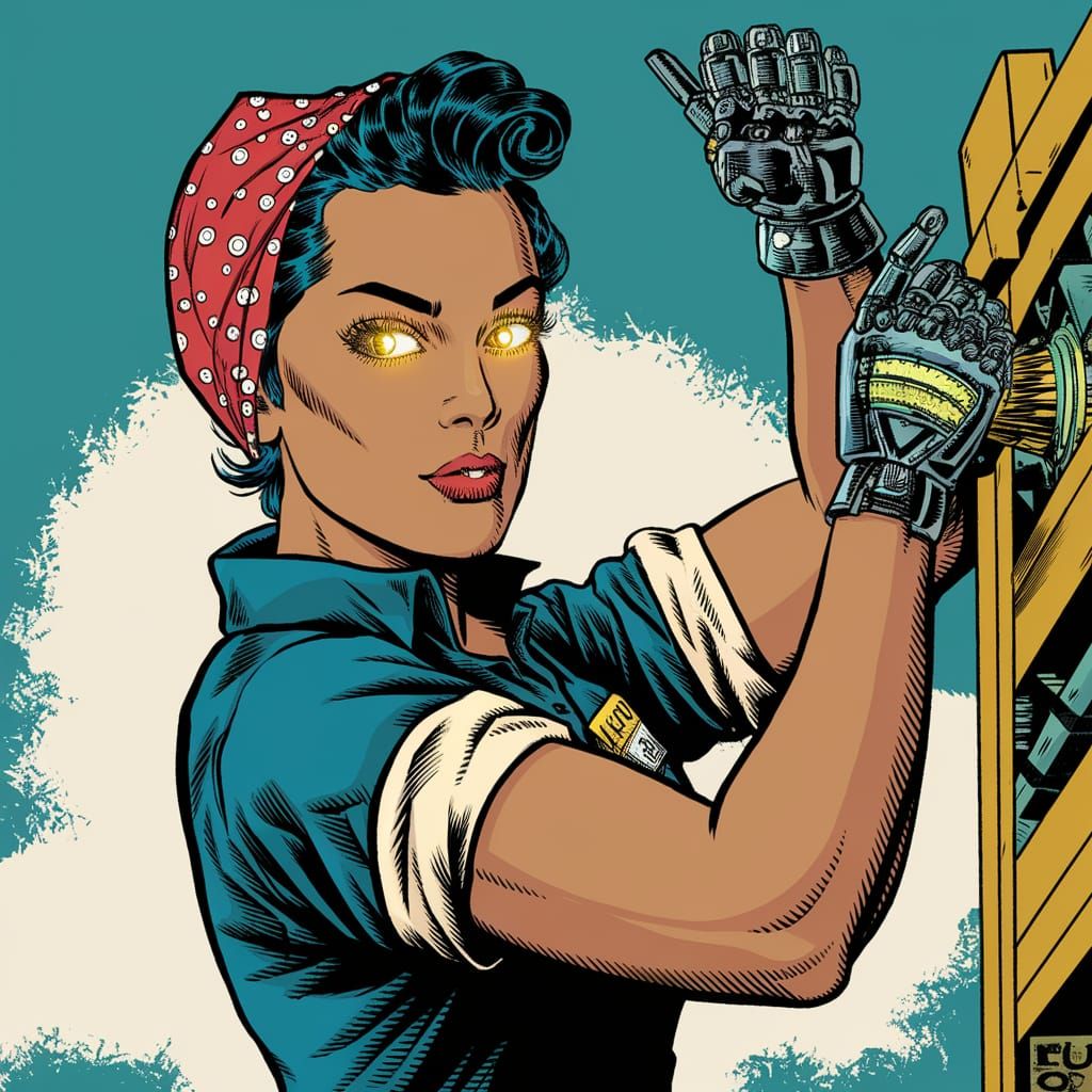 Cyberpunk Rosie the Riveter: A Strong, Hyper-Detailed Cyborg...