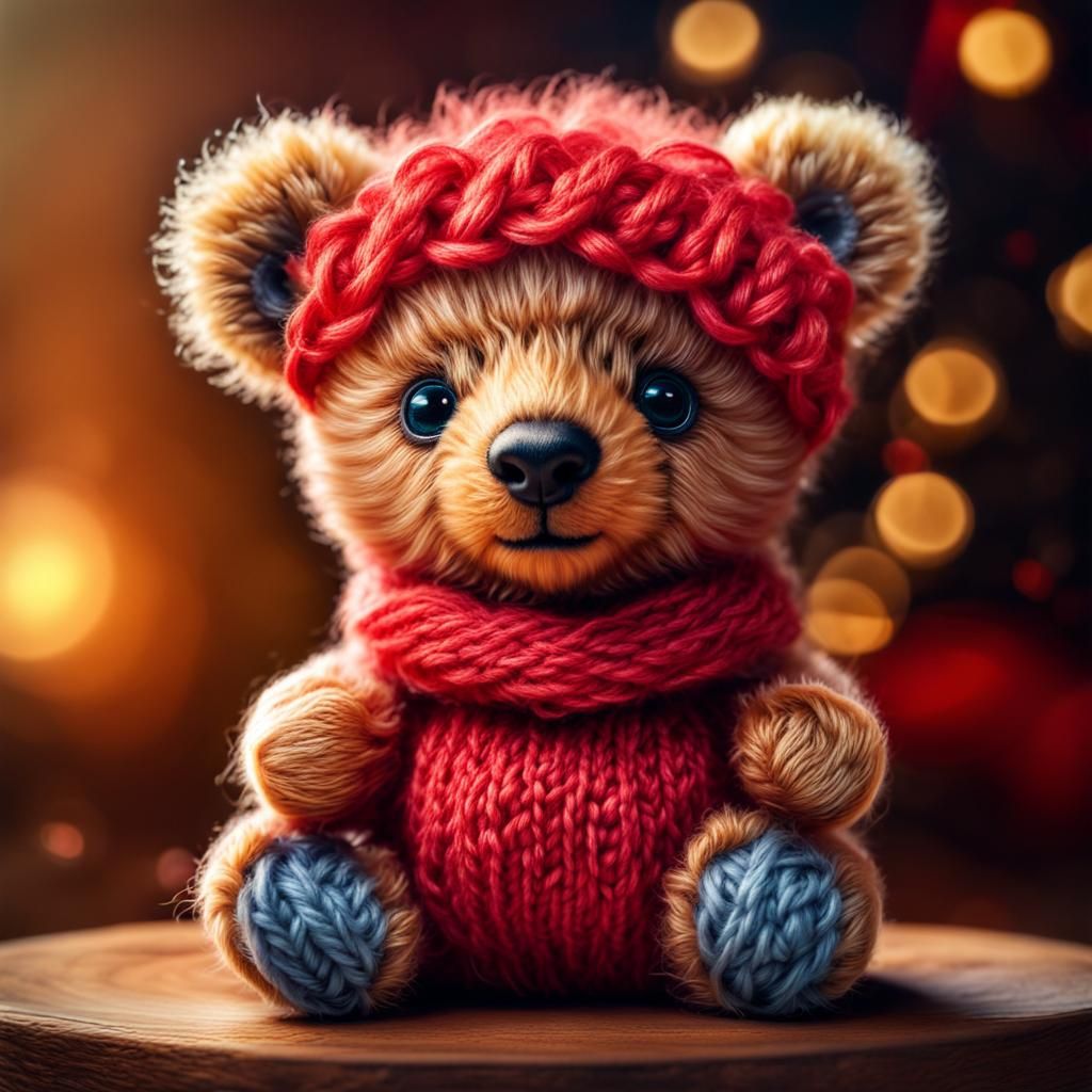 Cute Knitted Teddy Bear with Fluffy Mohawk