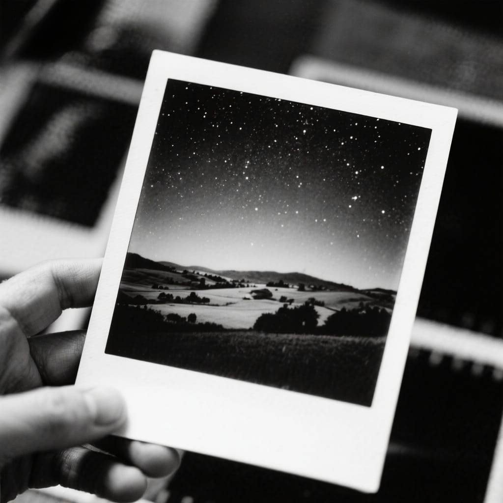 Starry Night Landscape in Developing Black and White Photo
