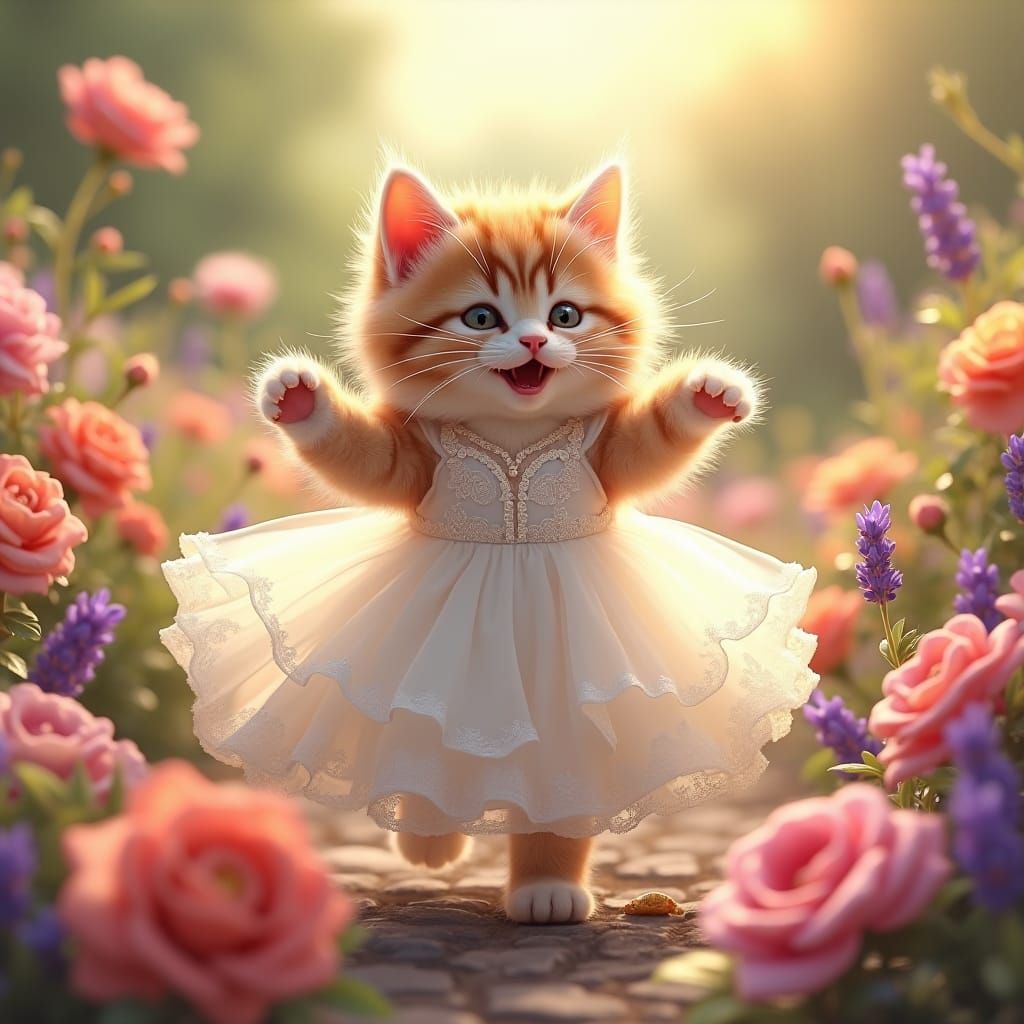 Cat in Floral Crown, Bespoke Dress