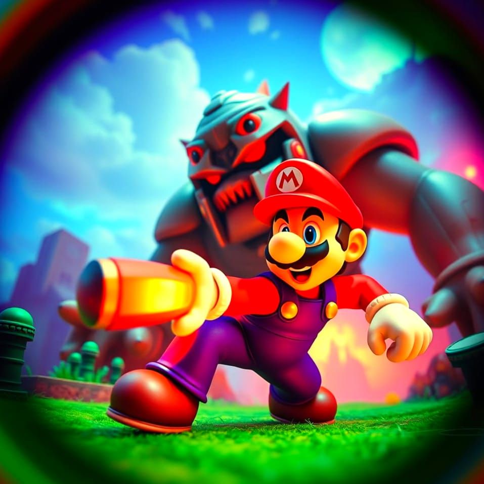 Mario-Doom Guy Battle in a Toy Camera Aesthetic