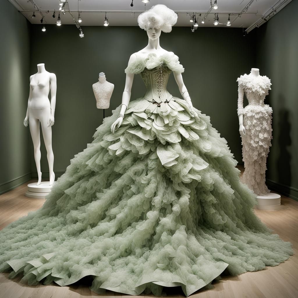 Haute Couture Paper Collage : Alexander McQueen Victorian Gothic : Green Ice : Texture Frosted Paper Ballgown : Female M...