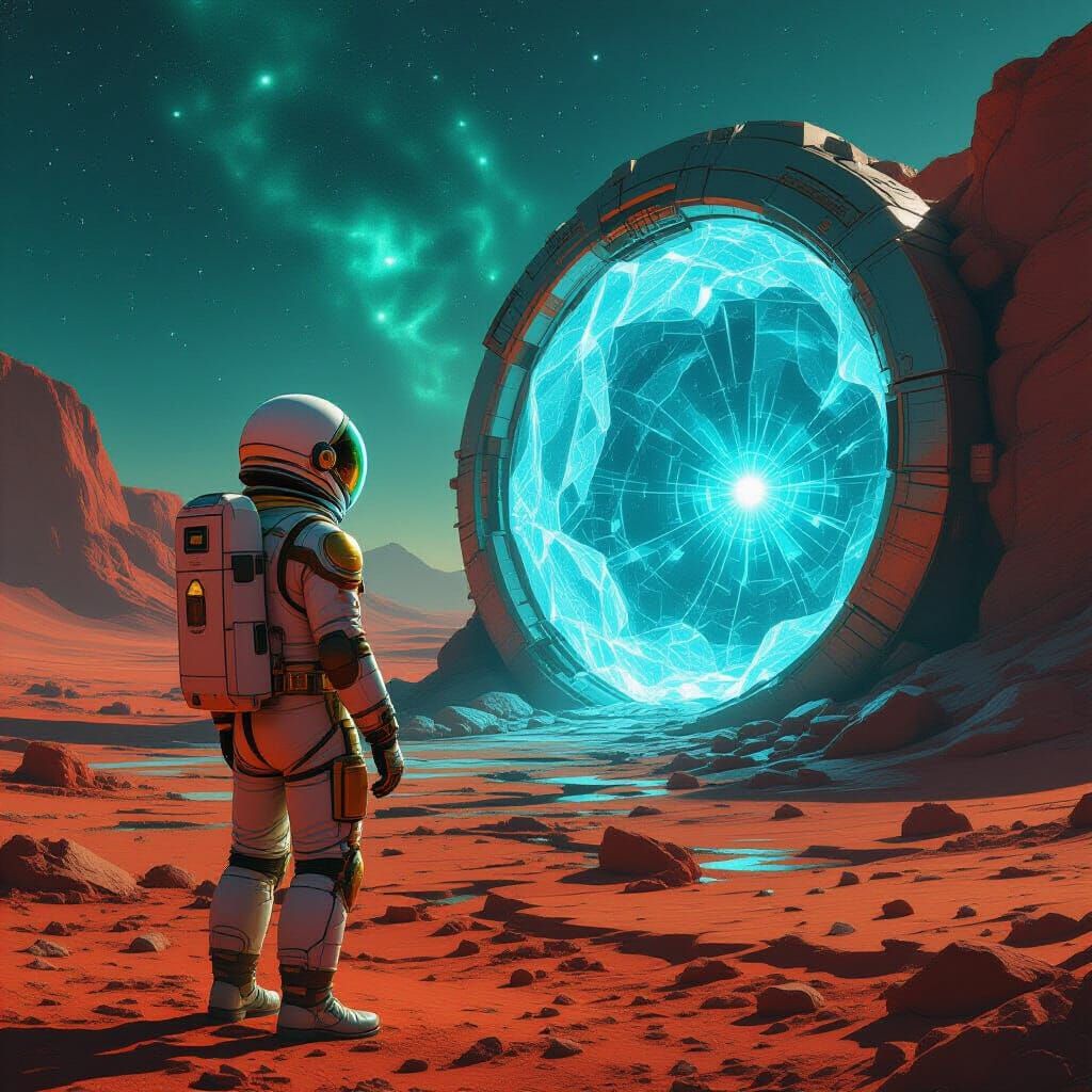 Astronaut Gazing into Alien Portal on Mars