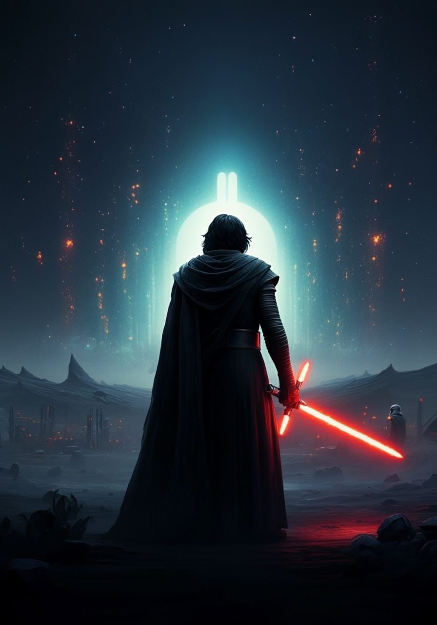 Surreal Kylo Ren Stands in Alien Worldly Landscape at Night