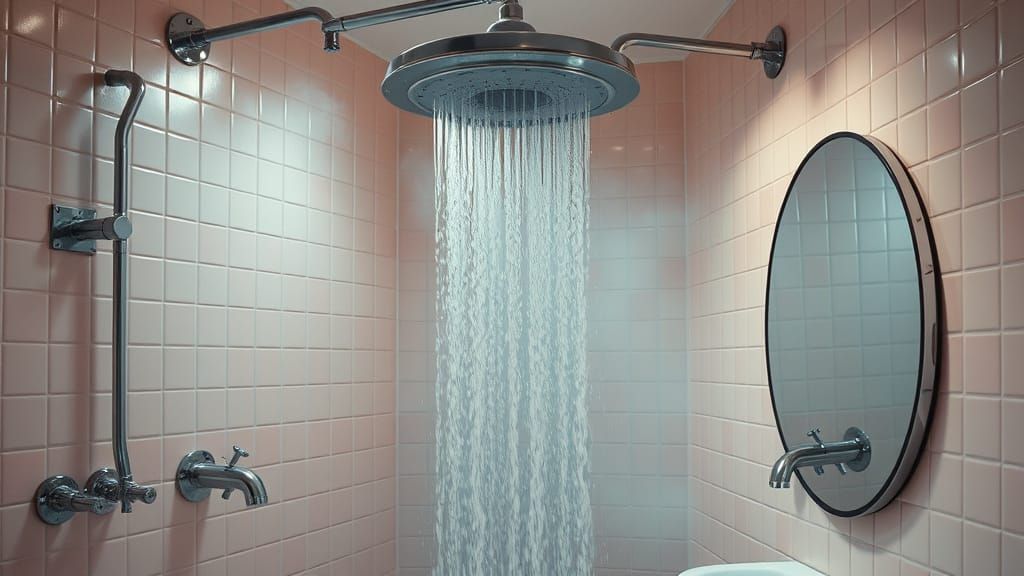 Retrofuturistic Bathroom with Waterfall in Hyperreal Style