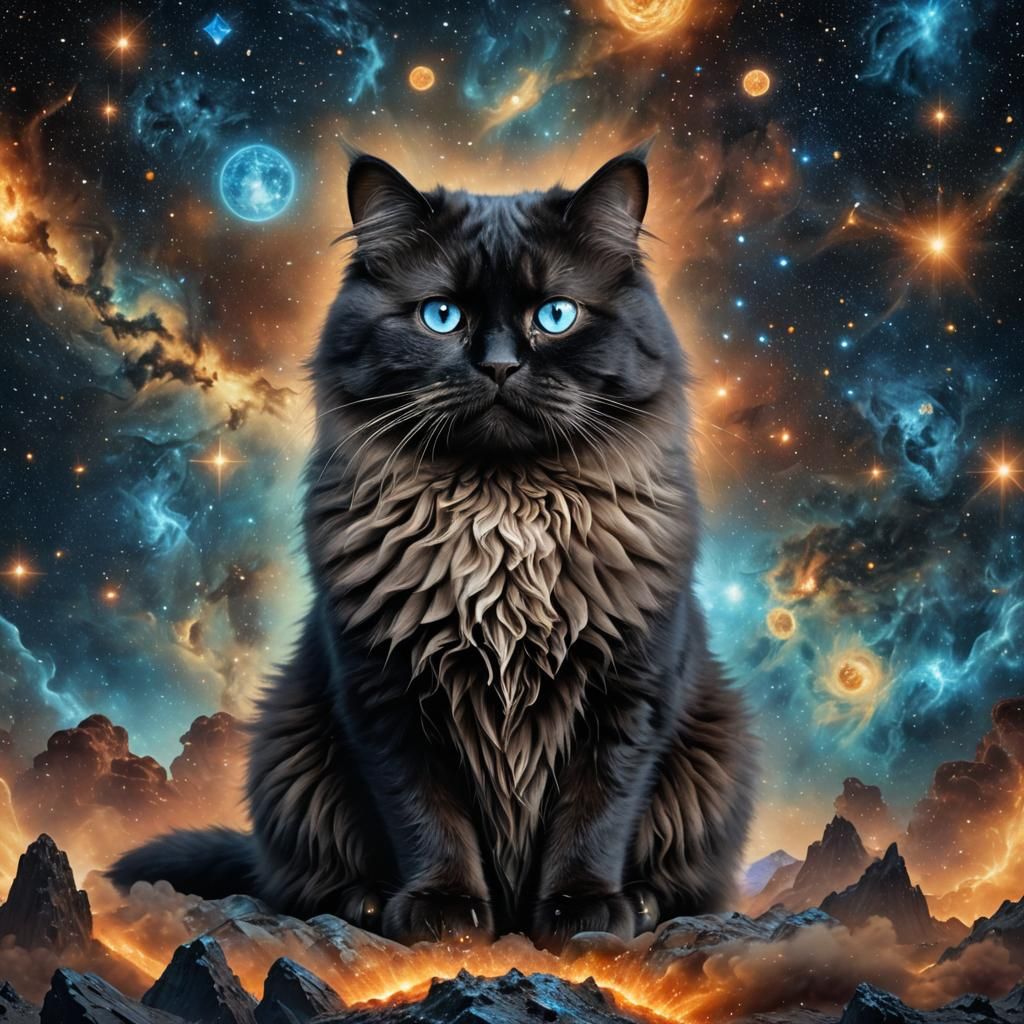 Black Cat Gazing into the Cosmos: Digital Painting