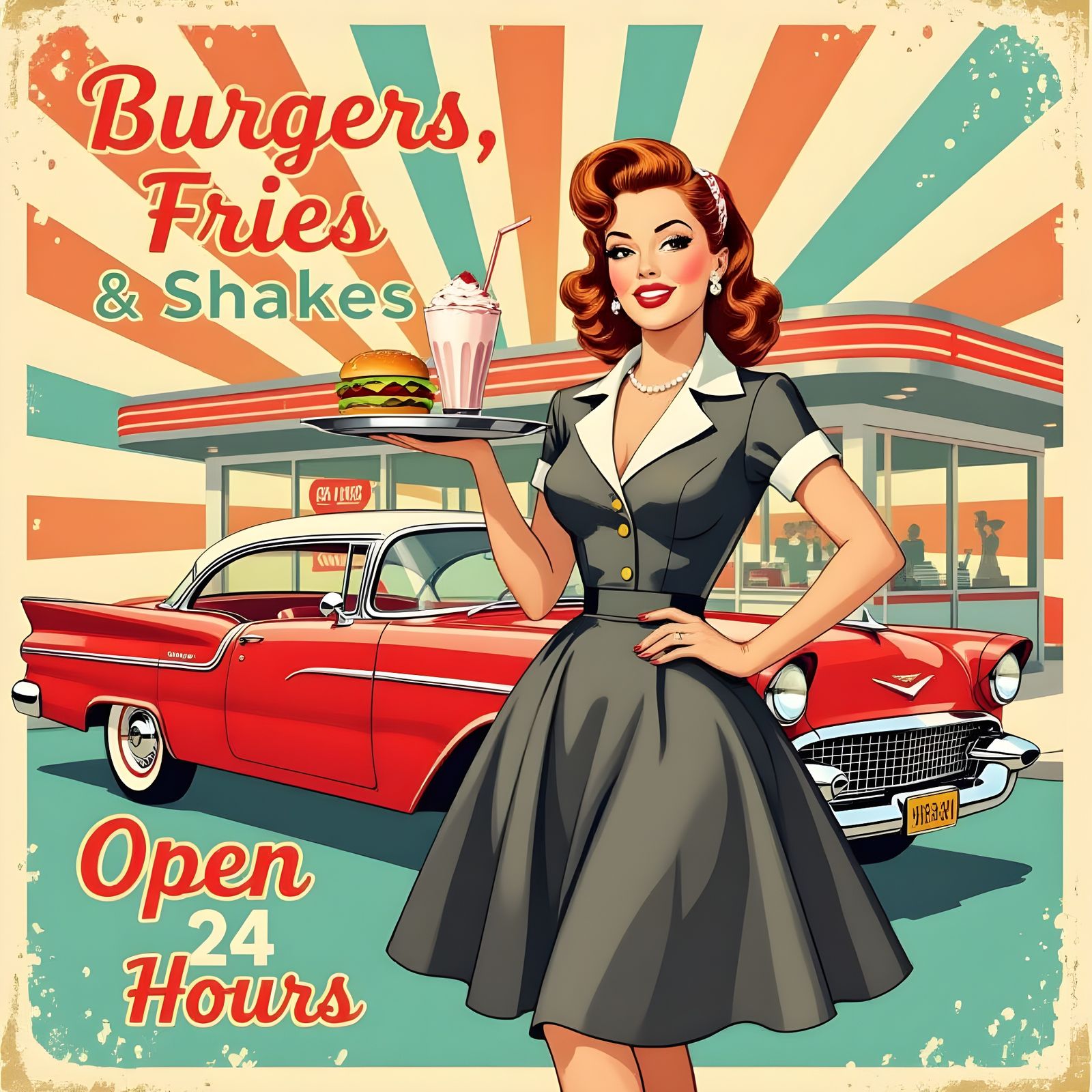 1950s Pin-Up Diner Ad with Glamorous Woman & Classic Car