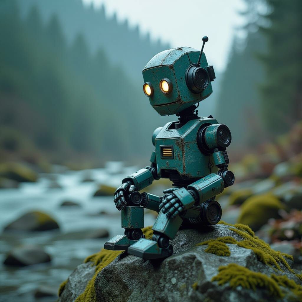 Mossy Robot Contemplates Sky on Rock