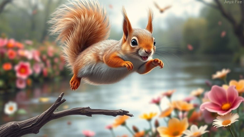 Cute Squirrel Leaping Joyfully on Riverbank