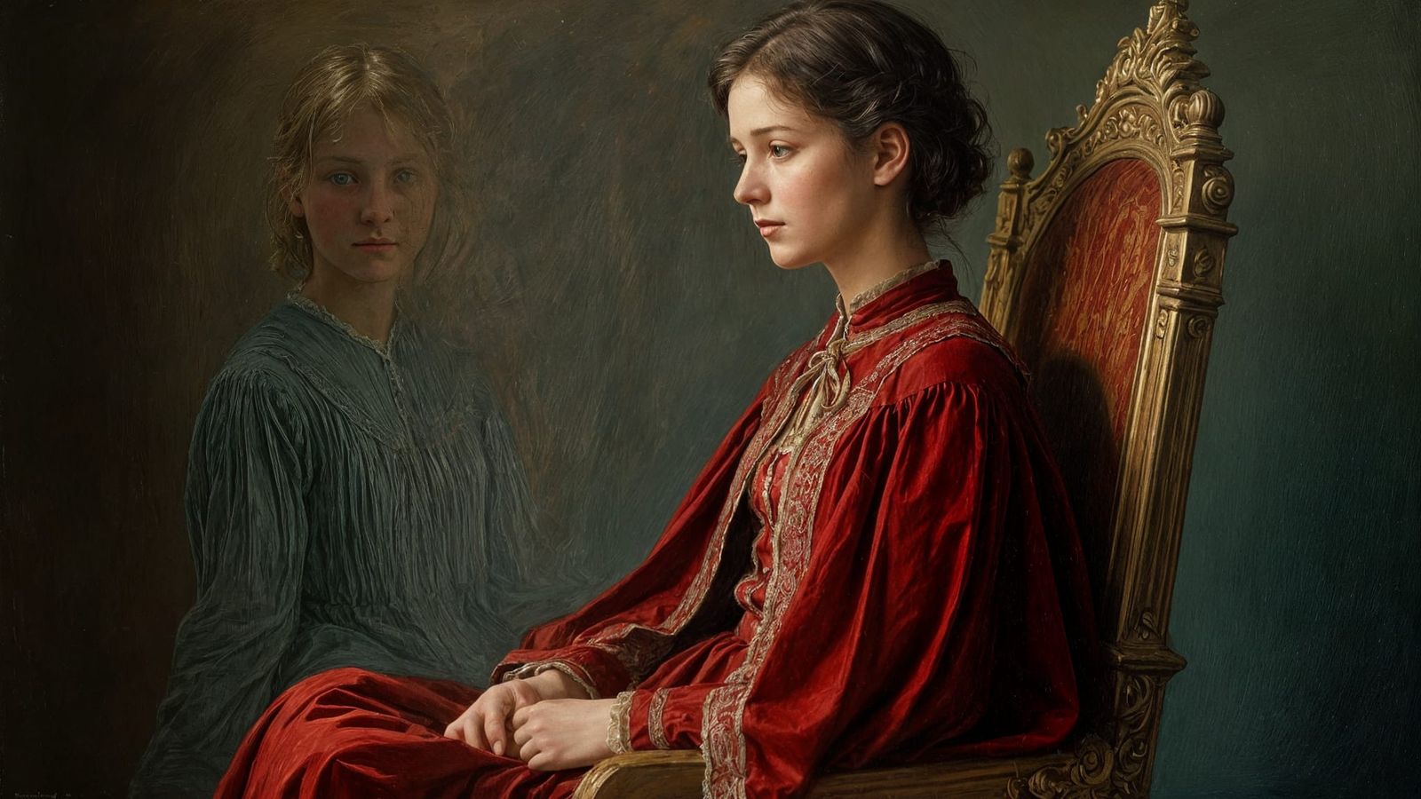 Young Woman in Crimson Velvet Cloak, Pre-Raphaelite Style